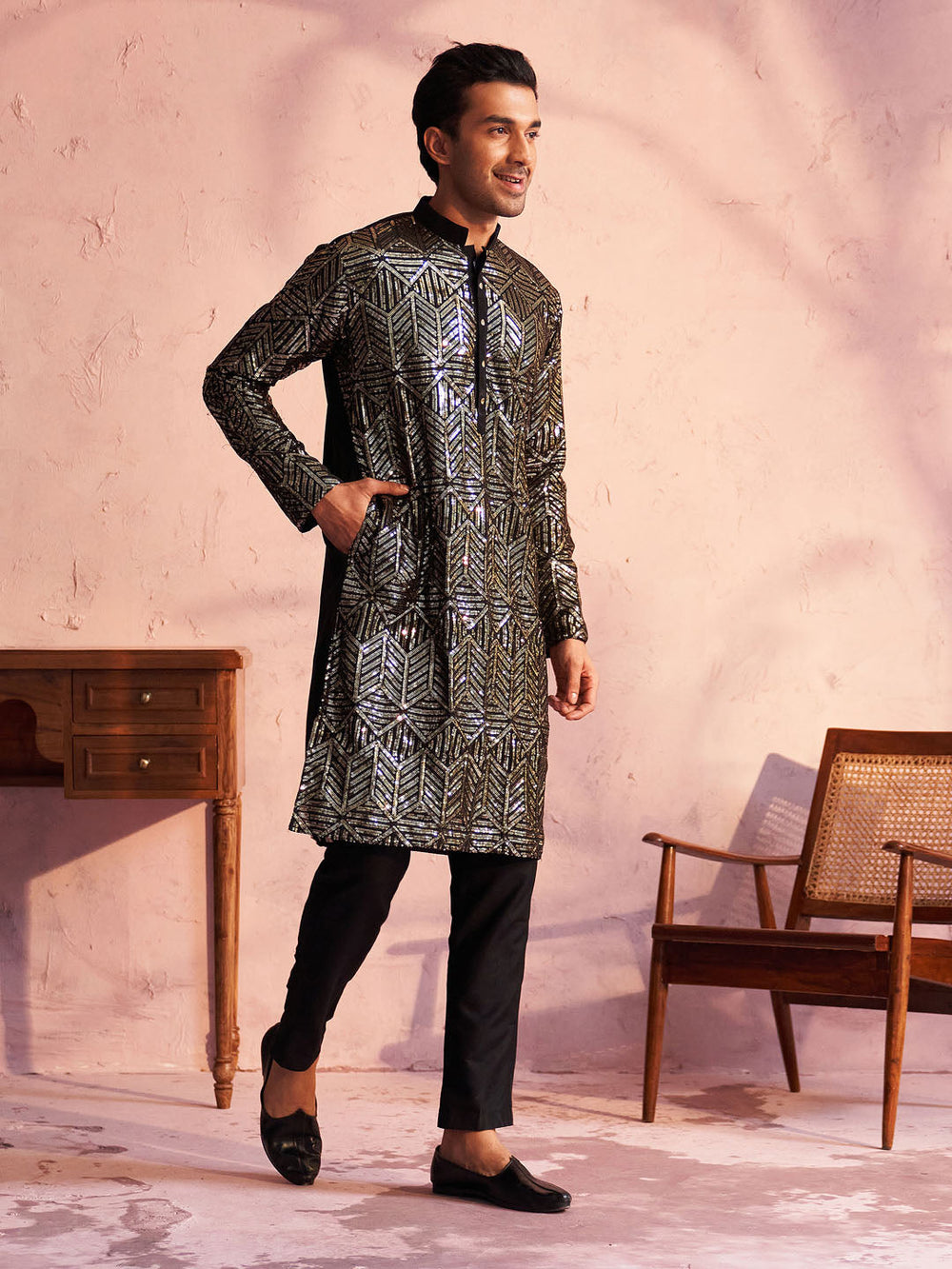 Sarvati Men's Black Georgette Embellished Kurta Pant Set