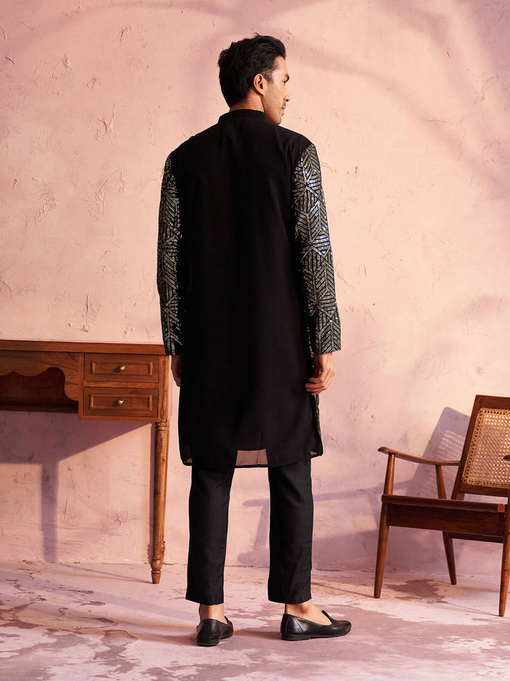 Sarvati Men's Black Georgette Embellished Kurta Pant Set
