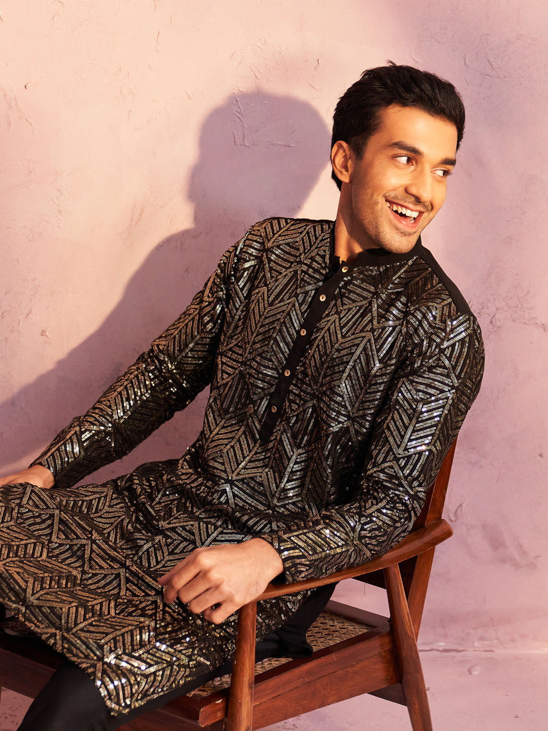 Sarvati Men's Black Georgette Embellished Kurta Pant Set