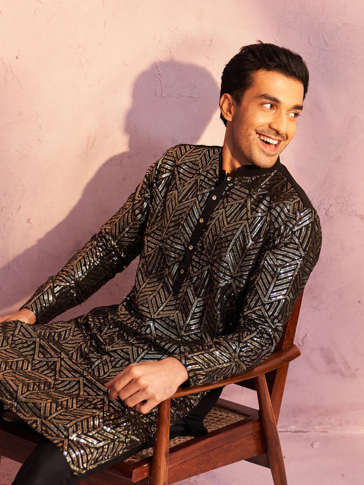 Sarvati Men's Black Georgette Embellished Kurta Pant Set