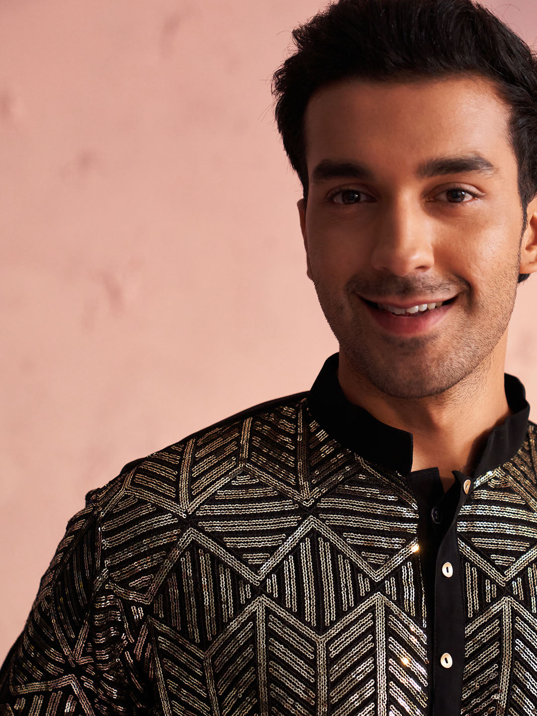 Sarvati Men's Black Georgette Embellished Kurta Pant Set