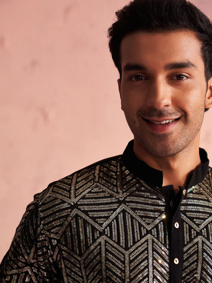 Sarvati Men's Black Georgette Embellished Kurta Pant Set