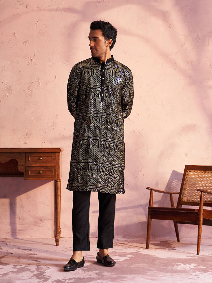 Sarvati Men's Black Georgette Embellished Kurta Pant Set