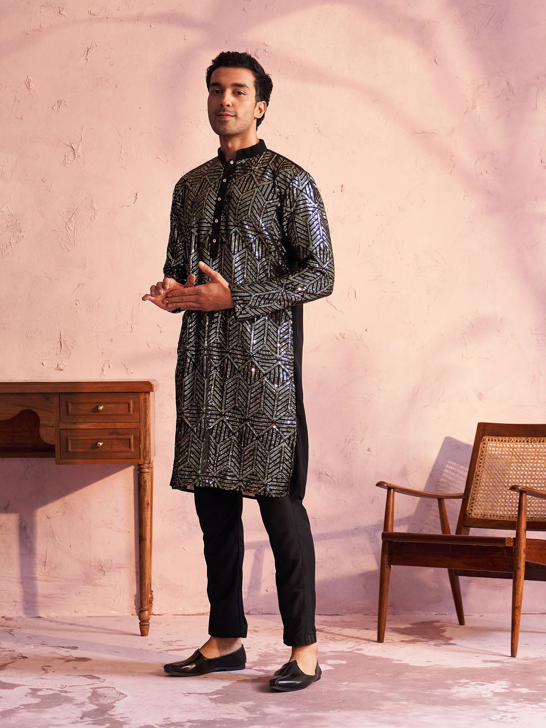 Sarvati Men's Black Georgette Embellished Kurta Pant Set