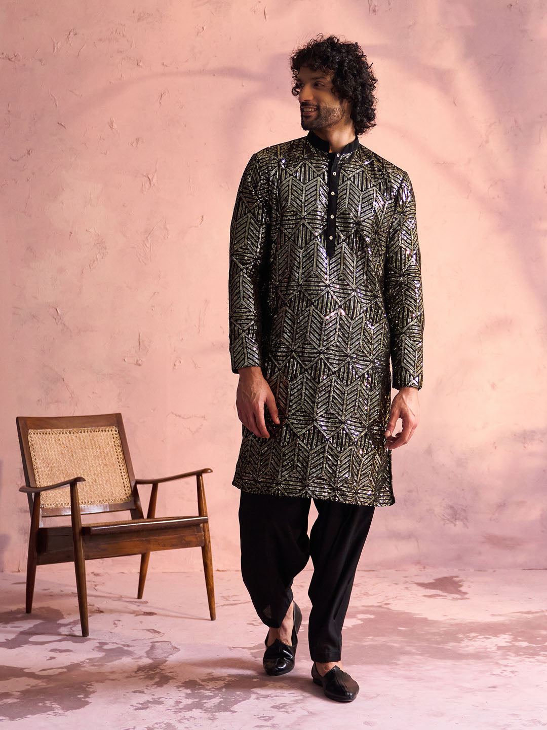 Sarvati Men's Black Georgette Embellished Kurta Patiala Set