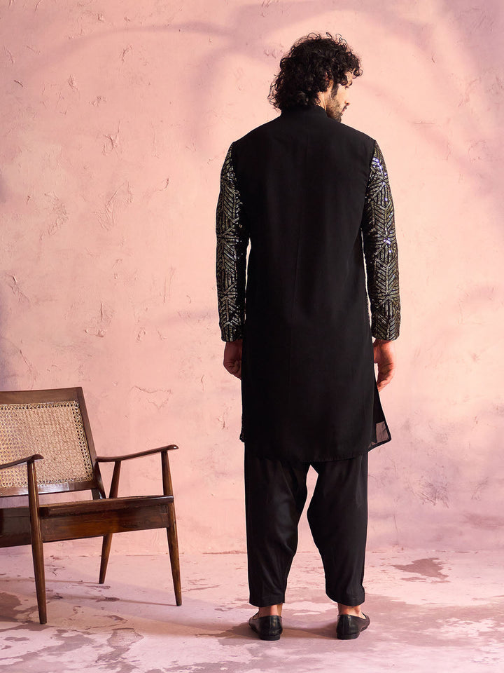 Sarvati Men's Black Georgette Embellished Kurta Patiala Set