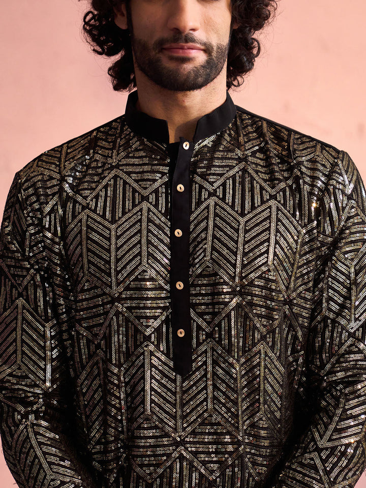 Sarvati Men's Black Georgette Embellished Kurta Patiala Set