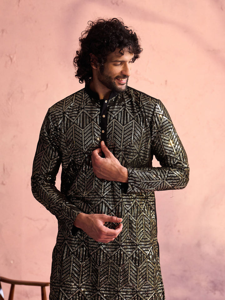 Sarvati Men's Black Georgette Embellished Kurta Patiala Set
