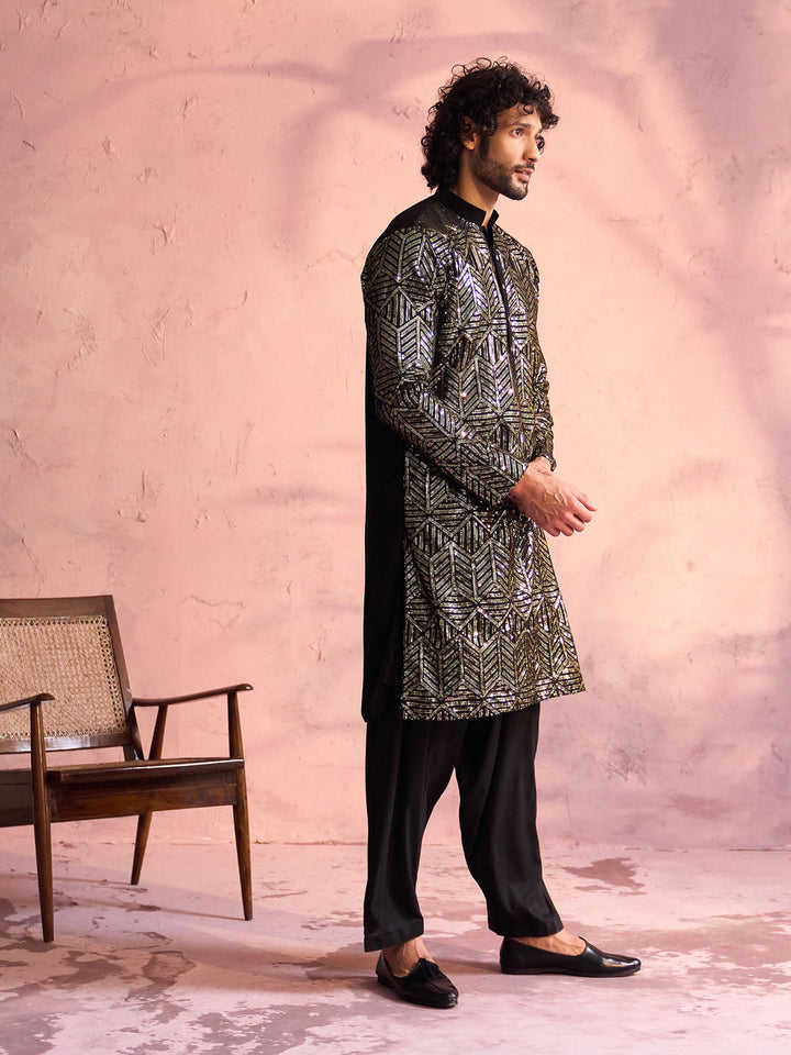 Sarvati Men's Black Georgette Embellished Kurta Patiala Set