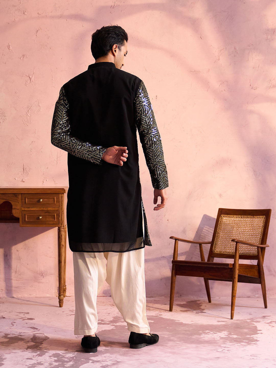 Sarvati Men's Black Georgette Embellished Kurta Patiala Set