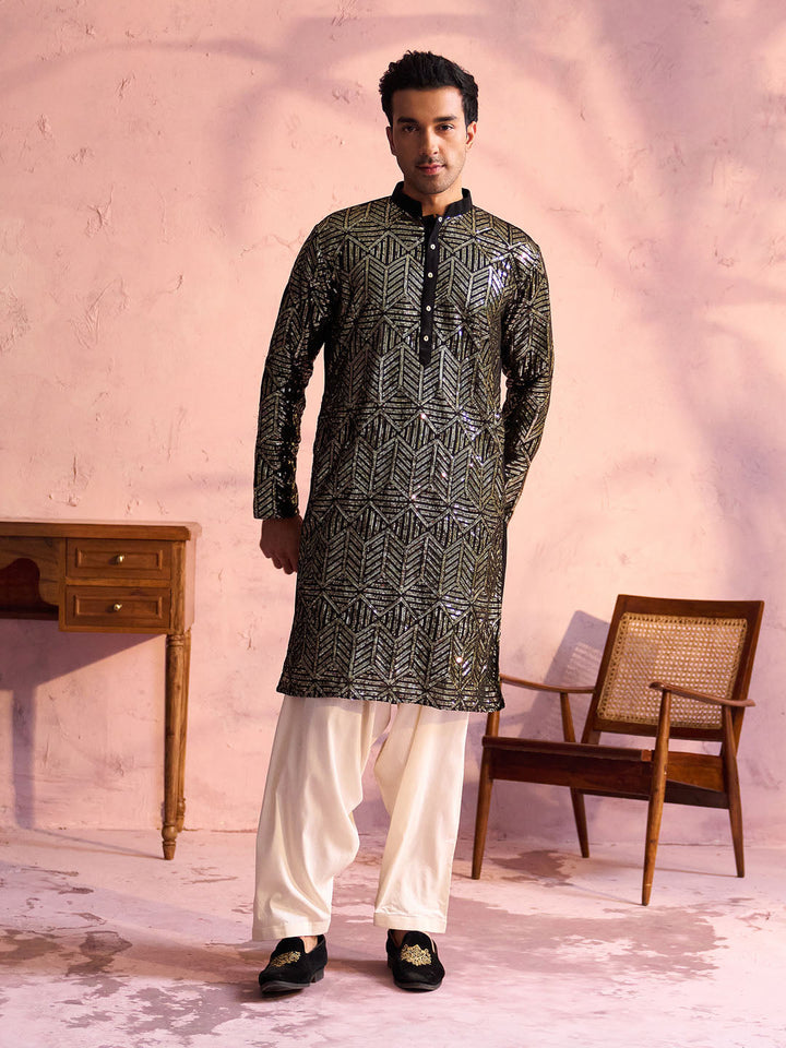 Sarvati Men's Black Georgette Embellished Kurta Patiala Set