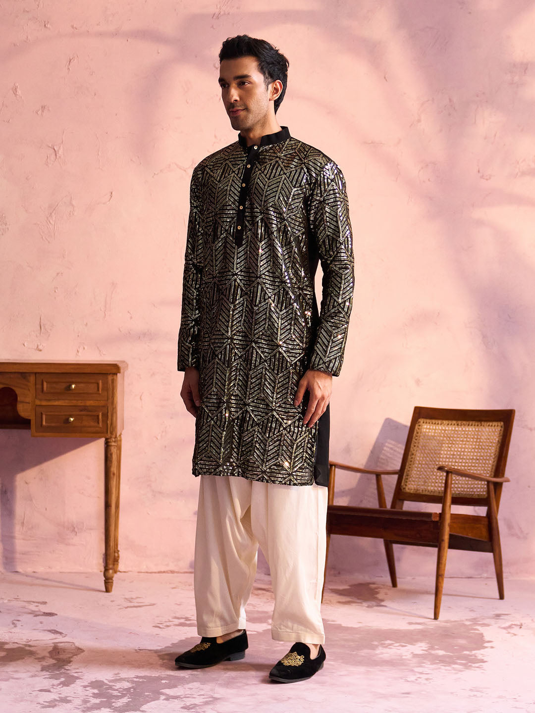 Sarvati Men's Black Georgette Embellished Kurta Patiala Set