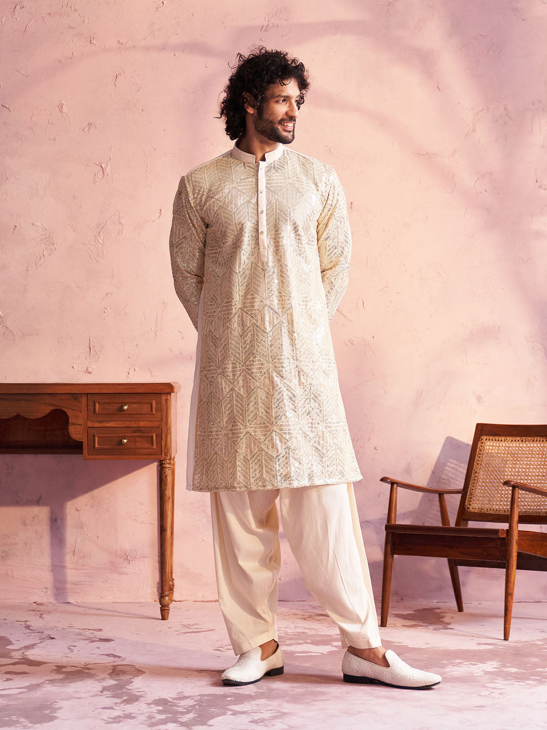 Sarvati Men's Cream Georgette Embellished Kurta Patiala Set