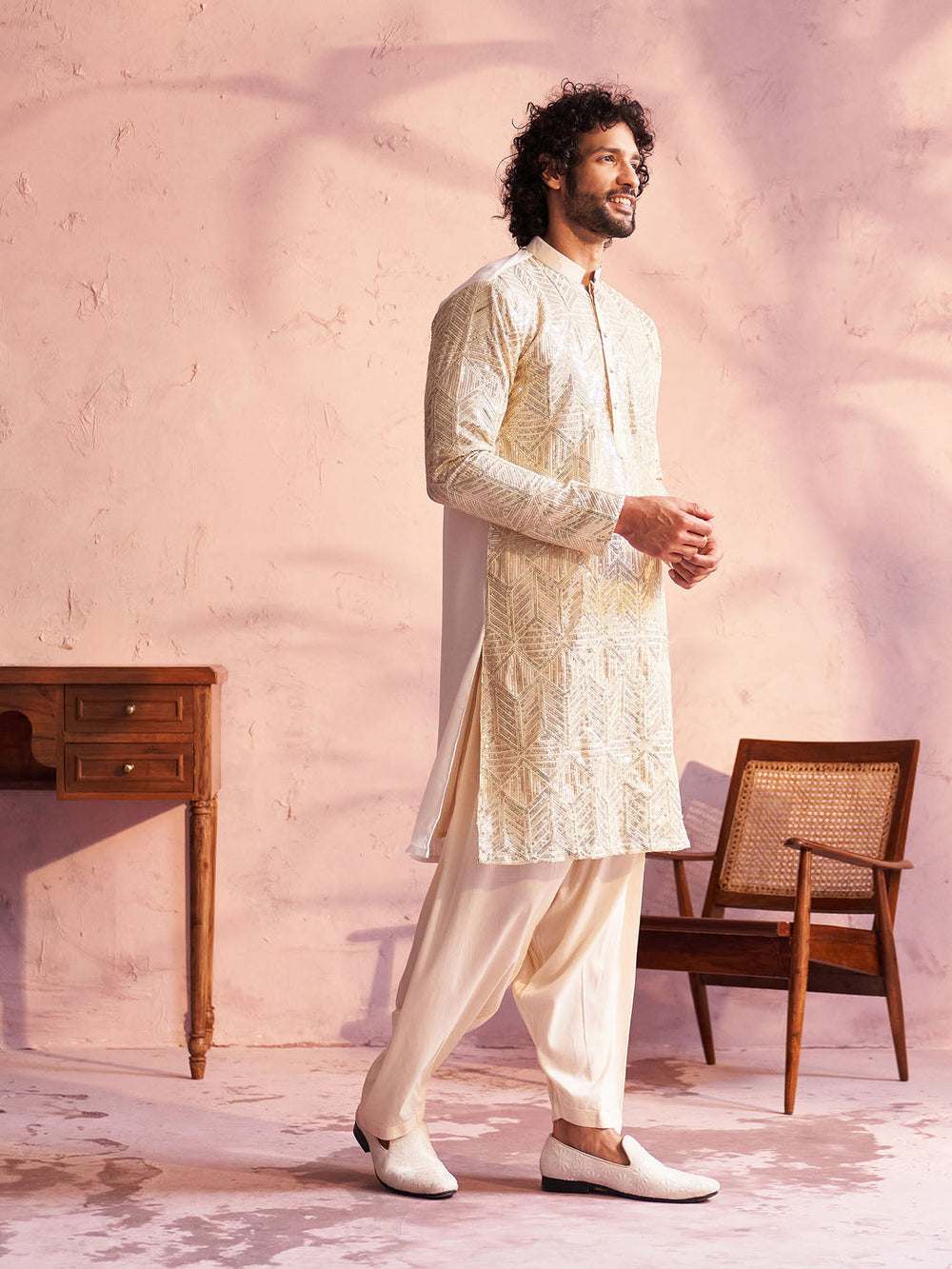 Sarvati Men's Cream Georgette Embellished Kurta Patiala Set