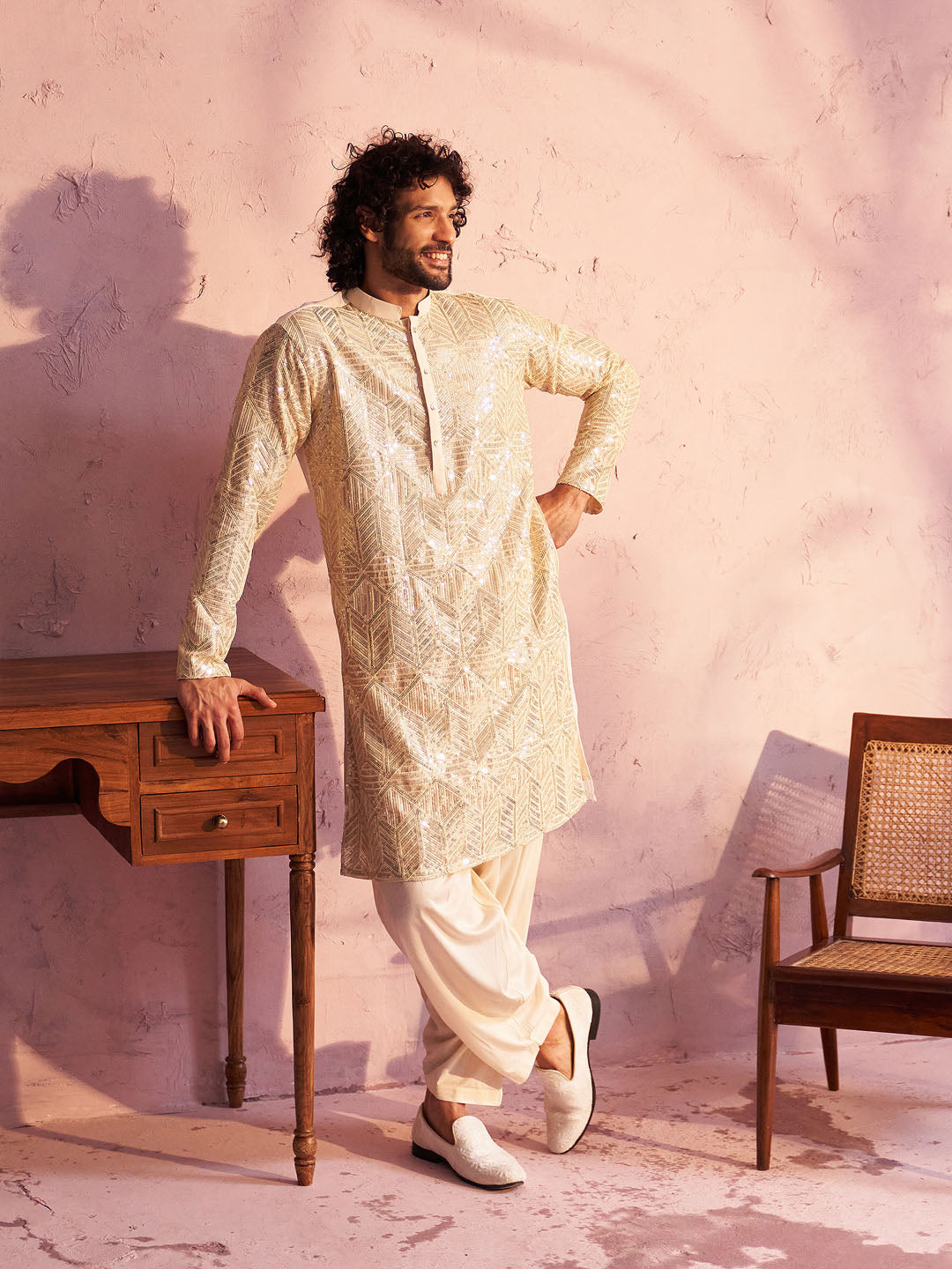 Sarvati Men's Cream Georgette Embellished Kurta Patiala Set