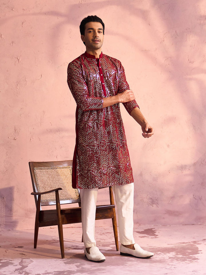 Sarvati Men's Maroon Georgette Embellished Kurta Pant Set