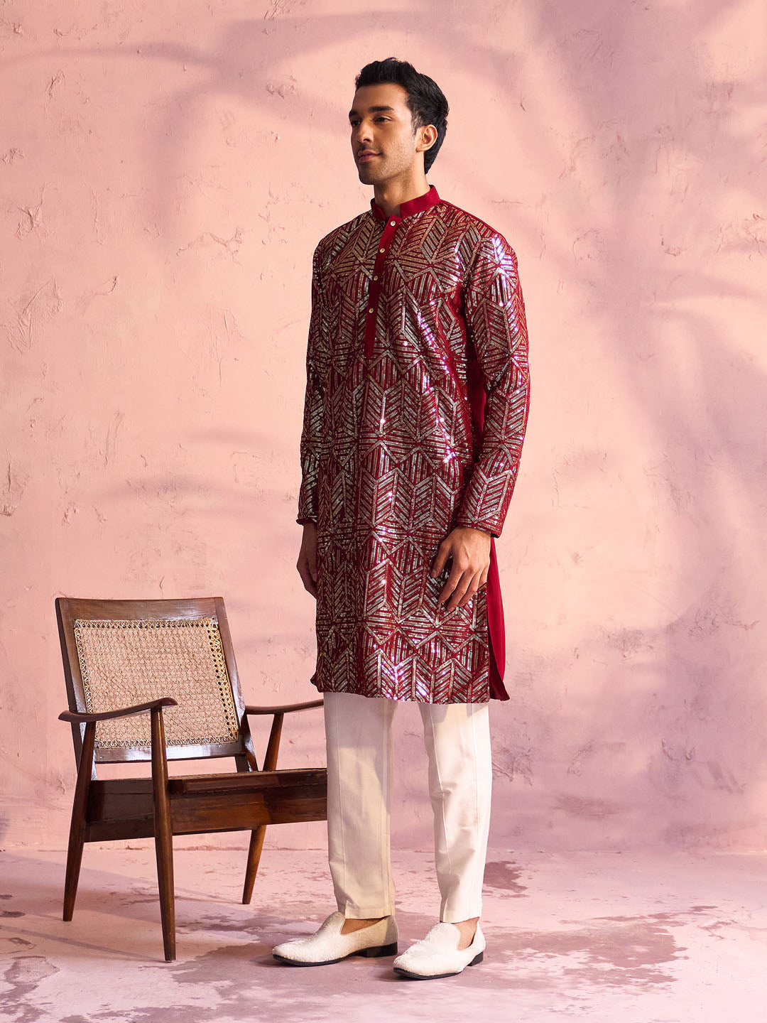 Sarvati Men's Maroon Georgette Embellished Kurta Pant Set