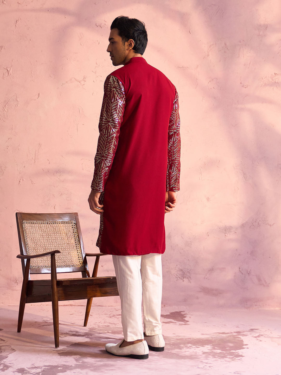 Sarvati Men's Maroon Georgette Embellished Kurta Pant Set