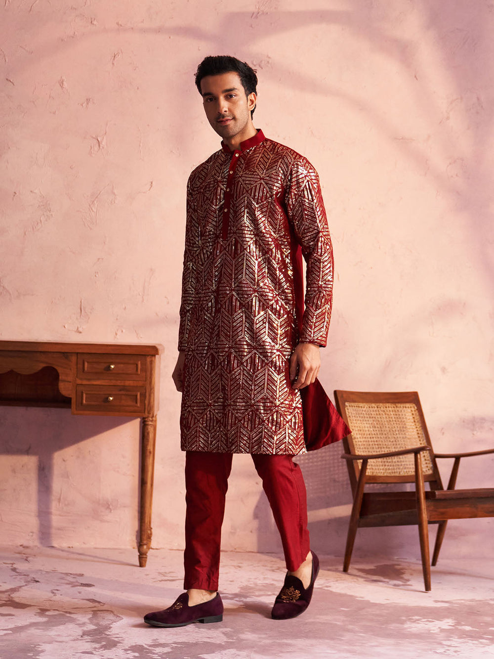 Sarvati Men's Maroon Georgette Embellished Kurta Pant Set