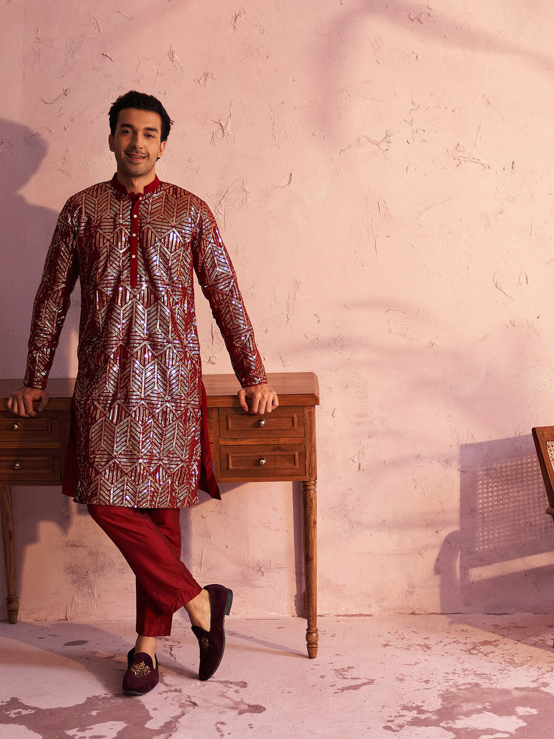 Sarvati Men's Maroon Georgette Embellished Kurta Pant Set