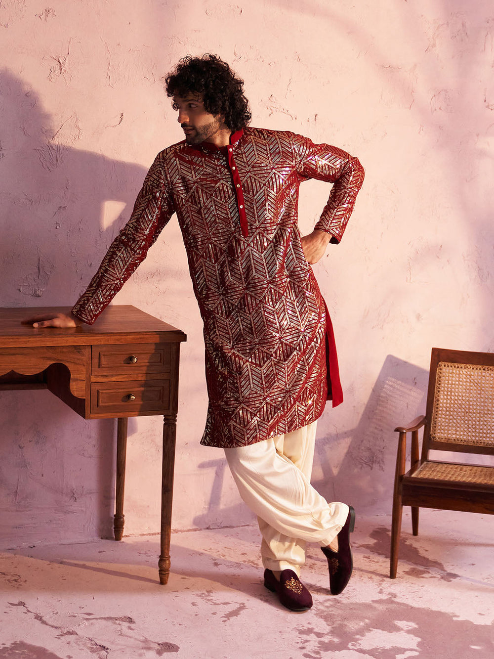 Sarvati Men's Maroon Georgette Embellished Kurta Patiala Set