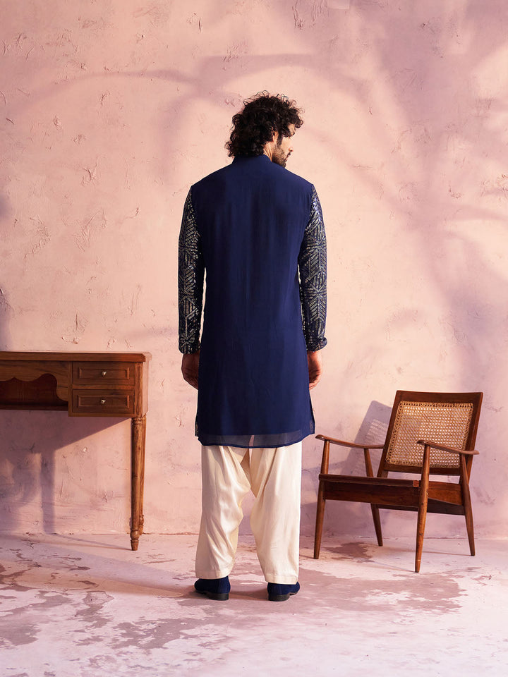 Sarvati Men's Navy Blue Georgette Embellished Kurta Patiala Set