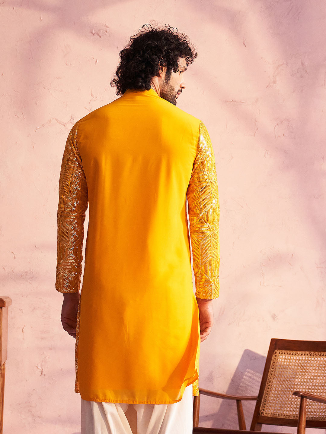 Men's Yellow Georgette Embellished Kurta