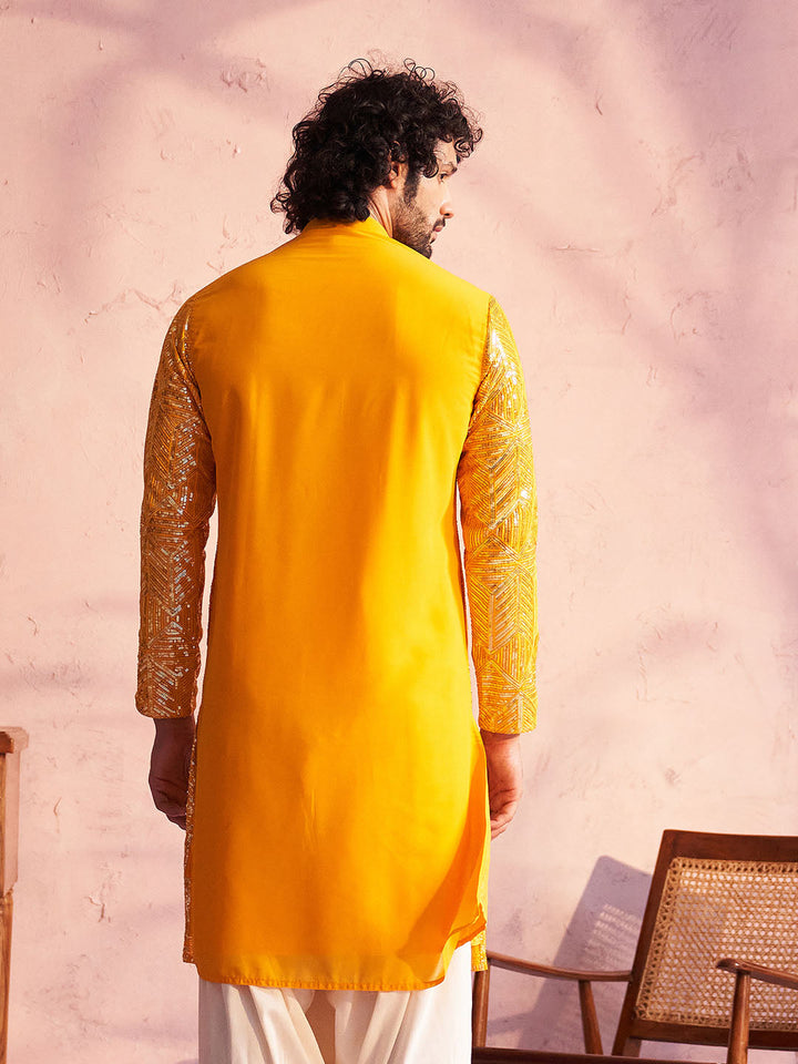 Men's Yellow Georgette Embellished Kurta