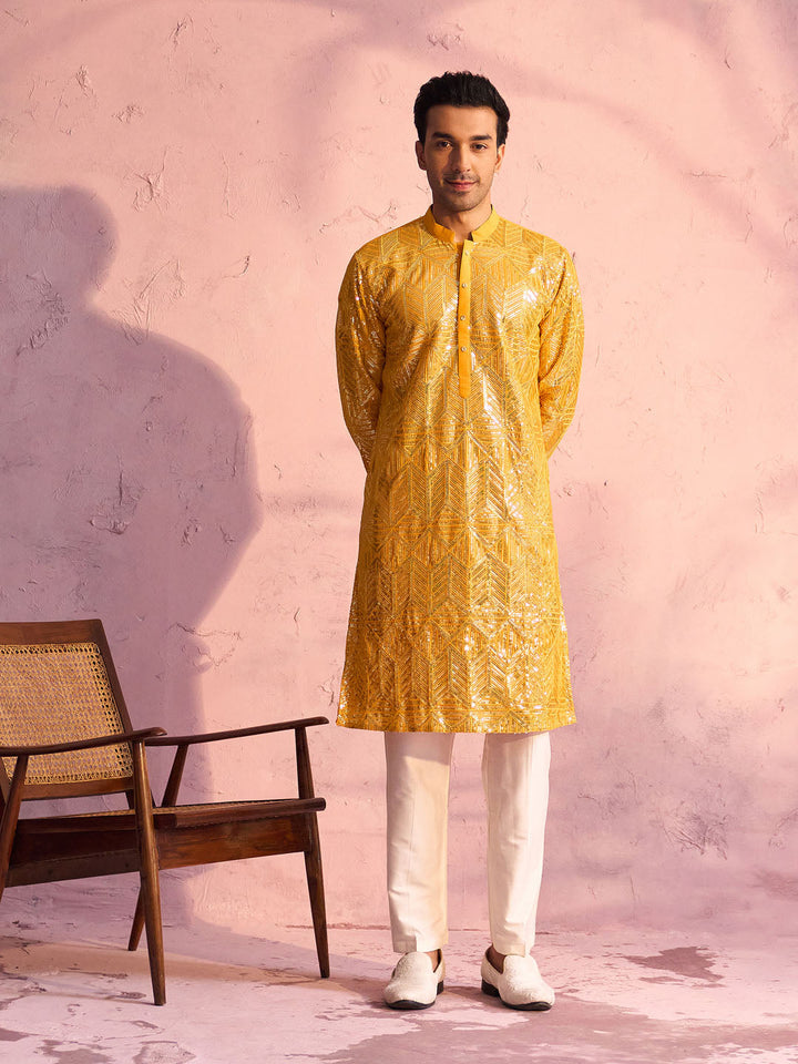 Sarvati Men's Yellow Georgette Embellished Kurta Pant Set