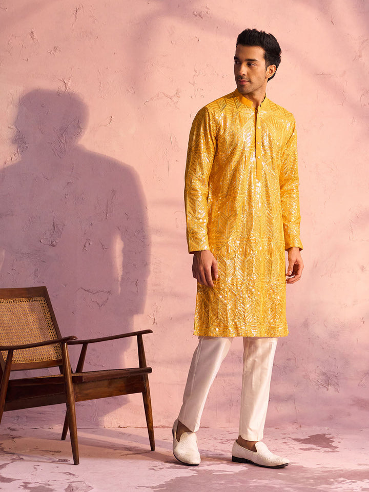 Sarvati Men's Yellow Georgette Embellished Kurta Pant Set