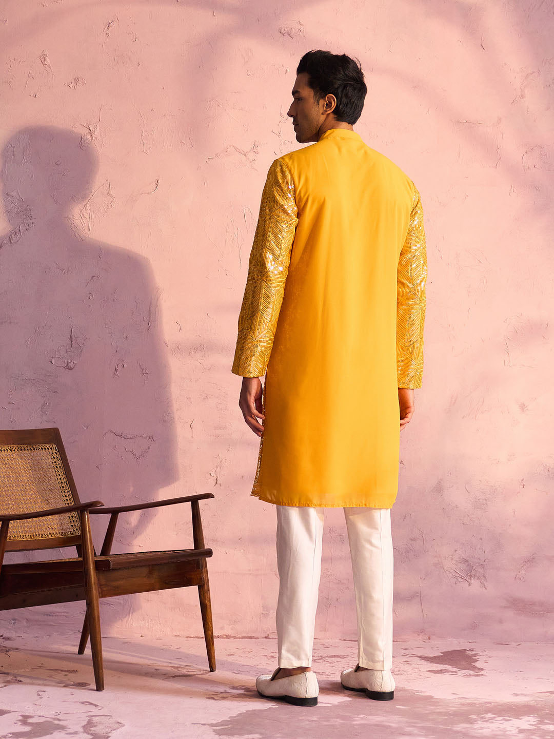 Sarvati Men's Yellow Georgette Embellished Kurta Pant Set