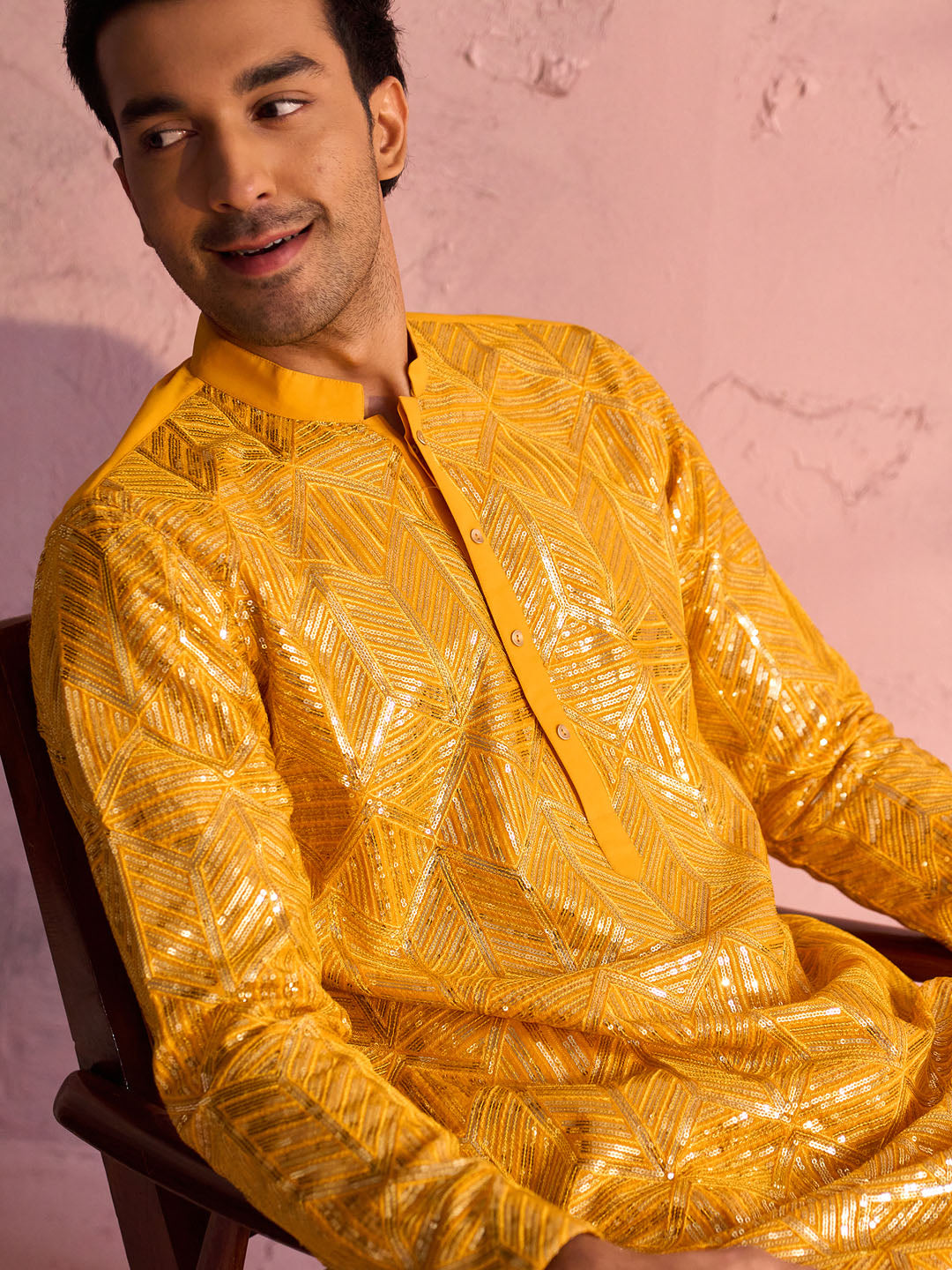 Sarvati Men's Yellow Georgette Embellished Kurta Pant Set