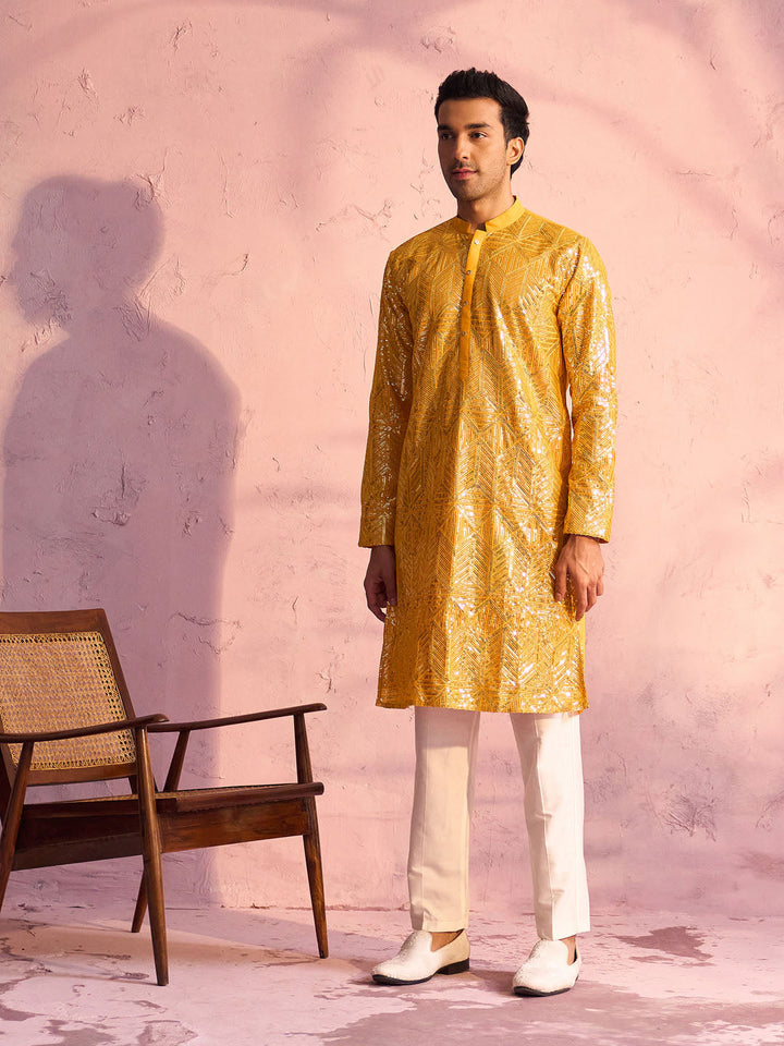 Sarvati Men's Yellow Georgette Embellished Kurta Pant Set