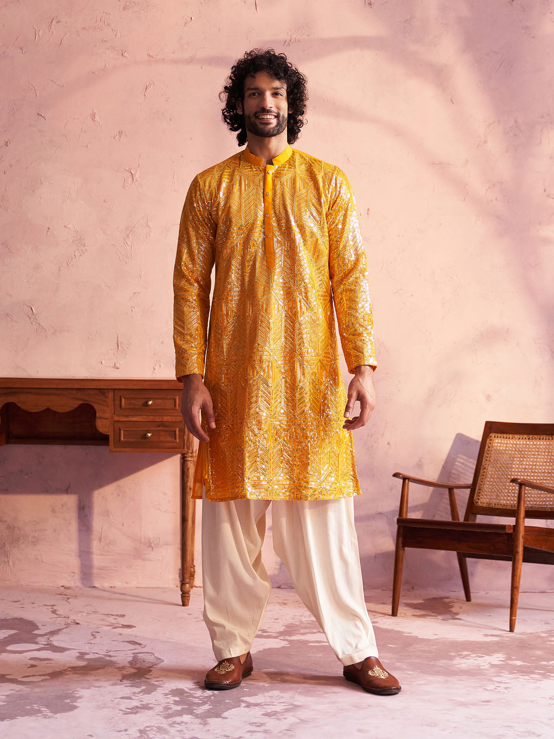 Sarvati Men's Yellow Georgette Embellished Kurta Patiala Set