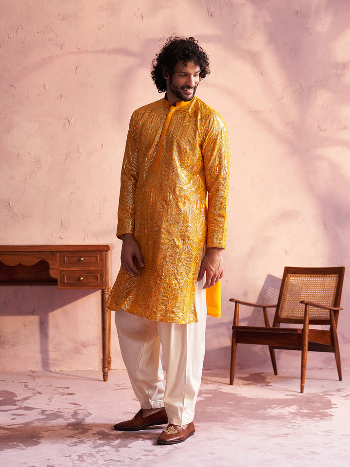 Sarvati Men's Yellow Georgette Embellished Kurta Patiala Set