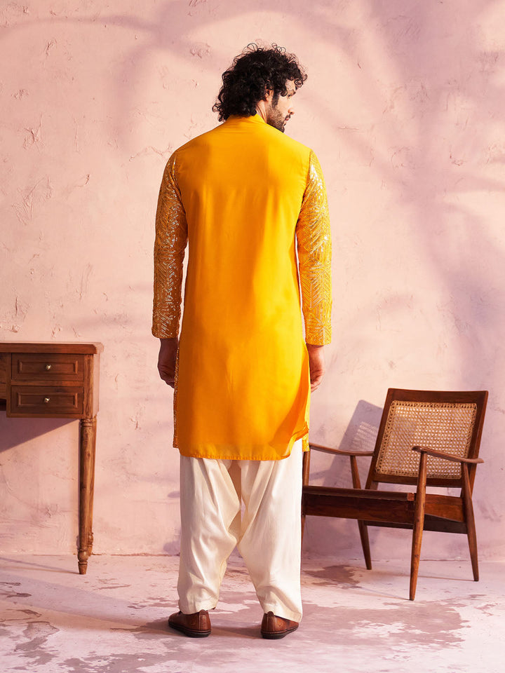 Sarvati Men's Yellow Georgette Embellished Kurta Patiala Set