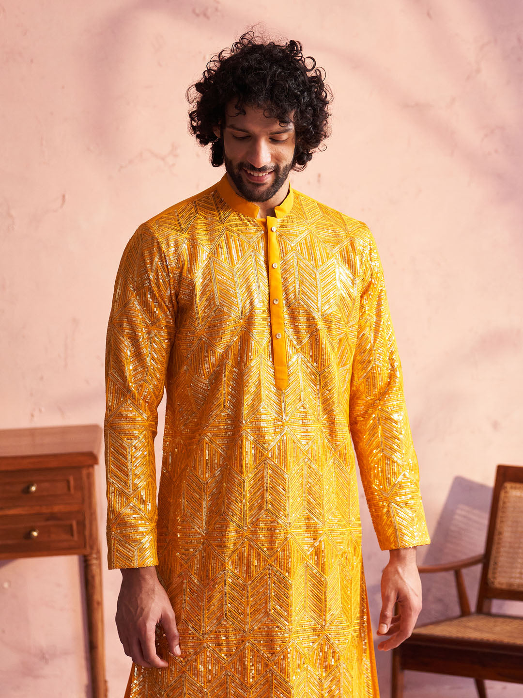 Sarvati Men's Yellow Georgette Embellished Kurta Patiala Set