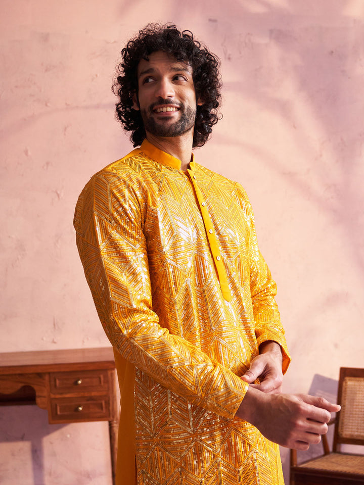 Sarvati Men's Yellow Georgette Embellished Kurta Patiala Set