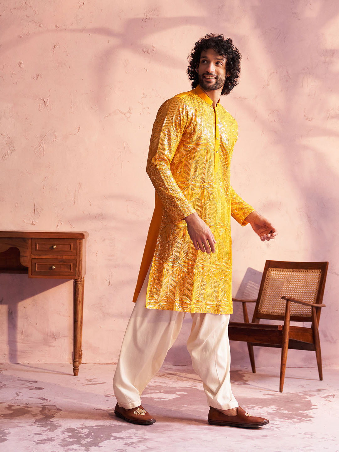 Sarvati Men's Yellow Georgette Embellished Kurta Patiala Set