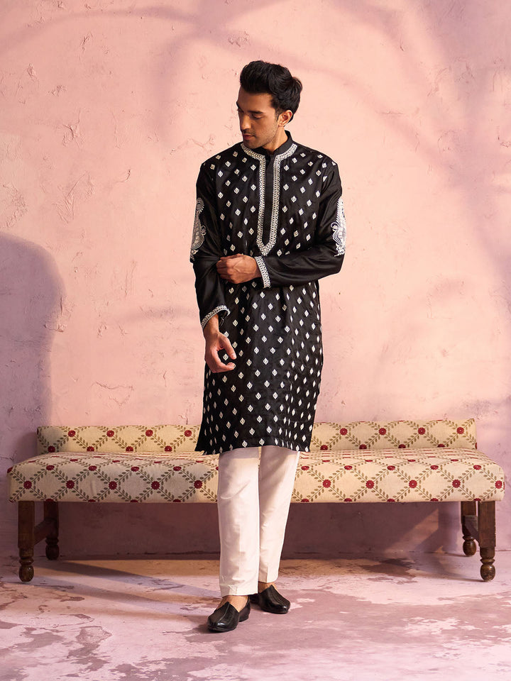 Sarvati Men's Black Silk Embroidered Ethnic Kurta With Pant Set