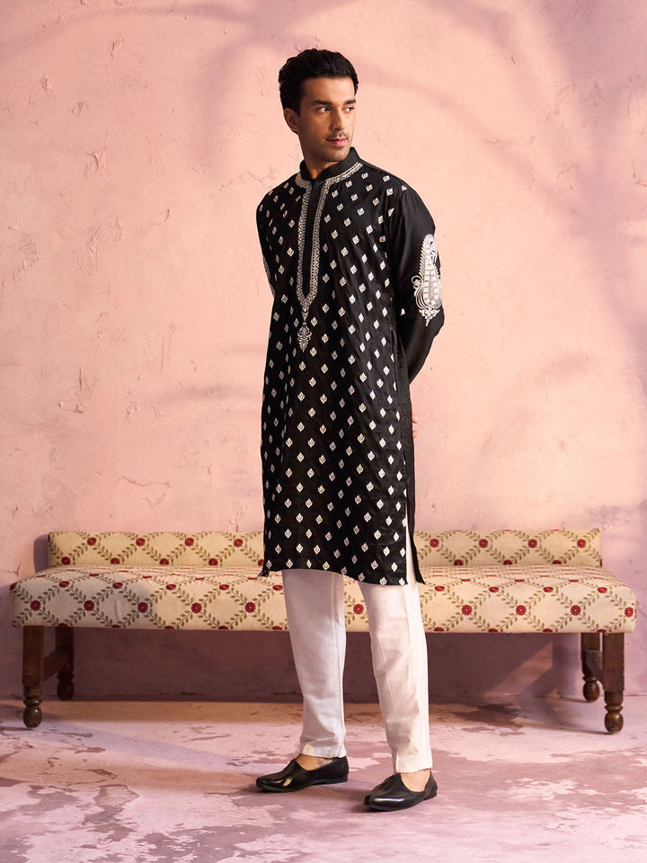 Sarvati Men's Black Silk Embroidered Ethnic Kurta With Pant Set