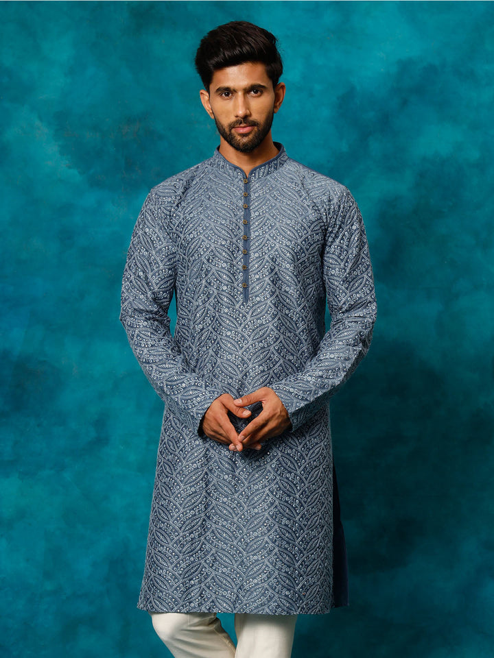 Men's Grey Cotton Schiflli Kurta