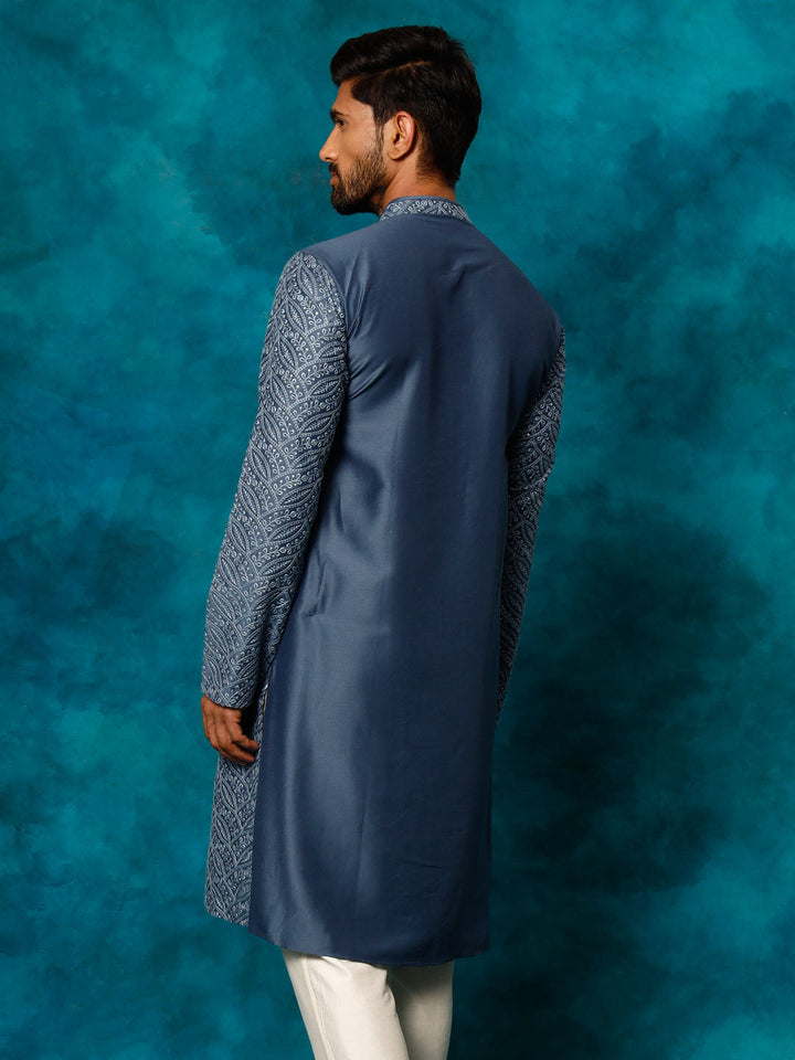 Men's Grey Cotton Schiflli Kurta