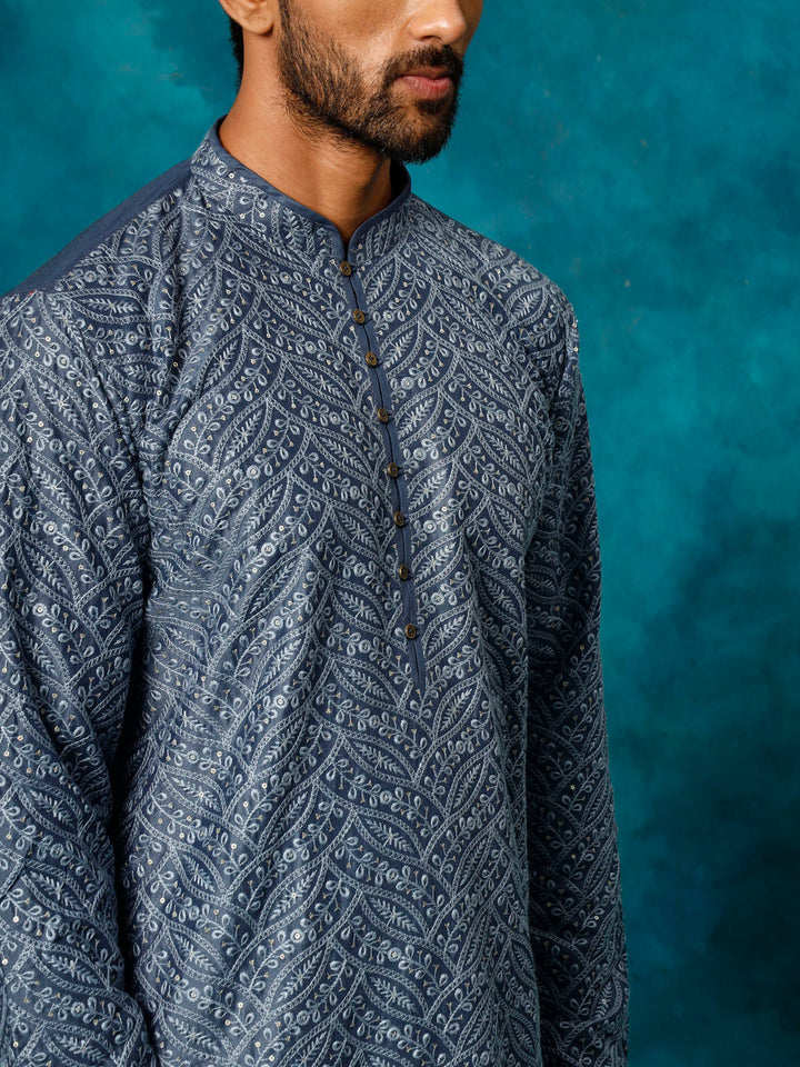 Men's Grey Cotton Schiflli Kurta