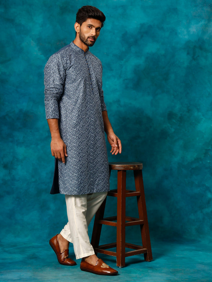 Sarvati Men's Grey Cotton Schiflli Kurta Pant Set