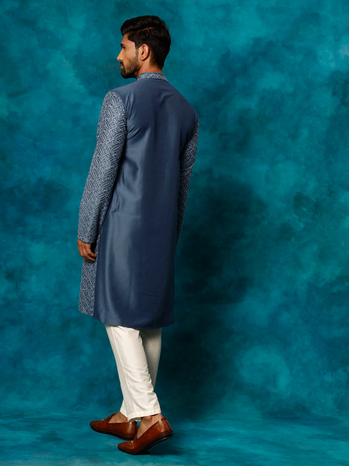 Sarvati Men's Grey Cotton Schiflli Kurta Pant Set