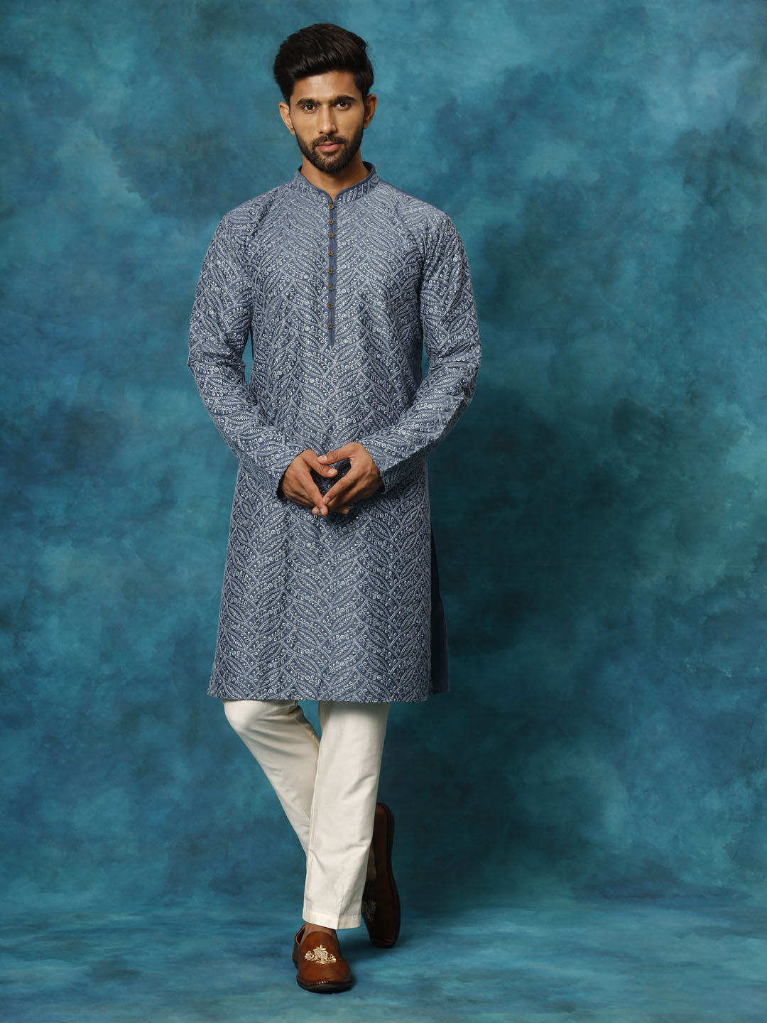 Sarvati Men's Grey Cotton Schiflli Kurta Pant Set