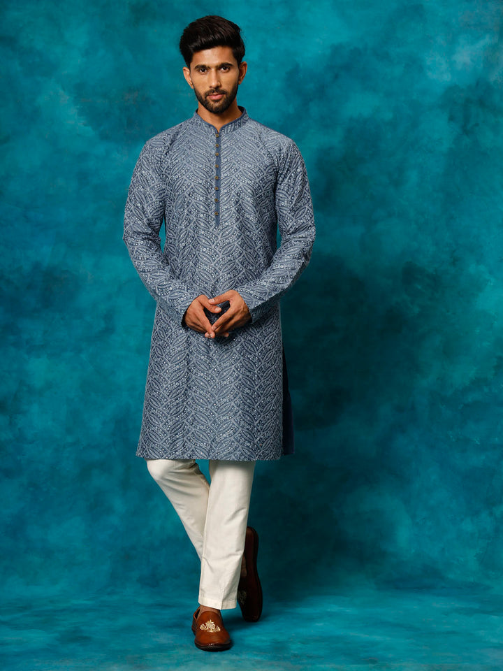 Sarvati Men's Grey Cotton Schiflli Kurta Pant Set