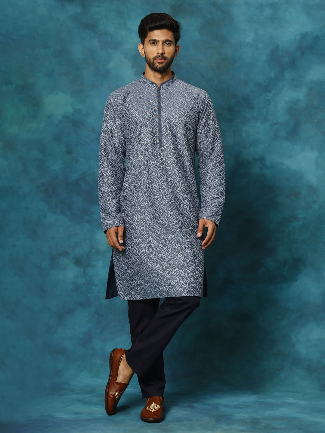 Sarvati Men's Grey Cotton Schiflli Kurta Pant Set