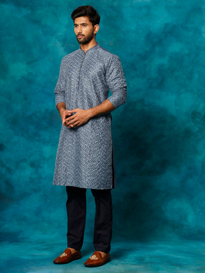 Sarvati Men's Grey Cotton Schiflli Kurta Pant Set